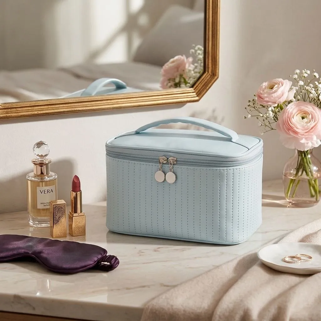Women's Portable Travel Desktop Cosmetic Storage Bag - Beige (Blue)