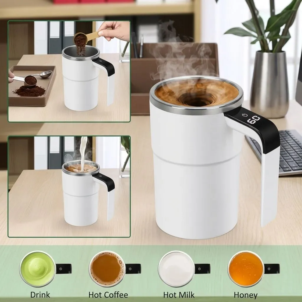 Automatic Self Stirring Mug - Rechargeable Portable Electric Coffee Mixer Cup, Stainless Steel, Black (e-WHITE)