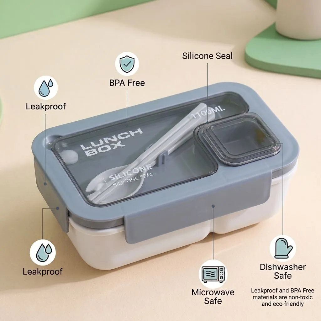 Portable Bento Lunch Box with Tableware, 850ML, Microwavable Leak-Proof Food Container for Kids and Adults