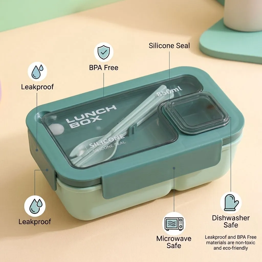 Portable Bento Lunch Box with Tableware, 850ML, Microwavable Leak-Proof Food Container for Kids and Adults