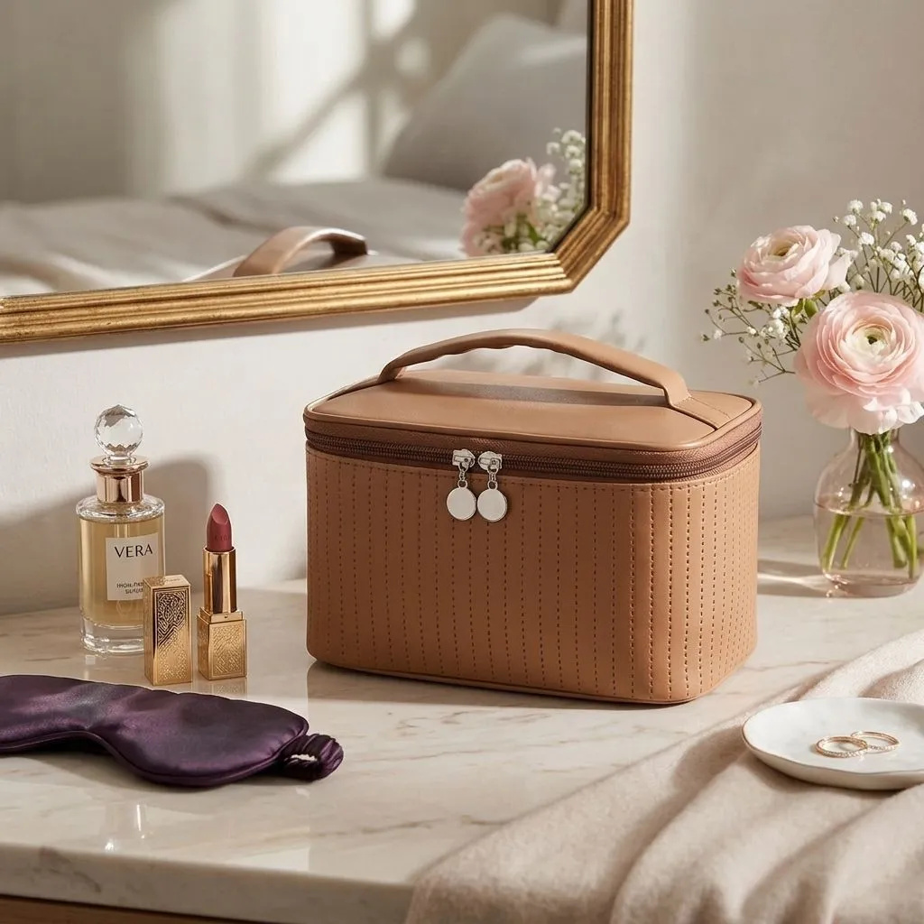 Women's Portable Travel Desktop Cosmetic Storage Bag - Beige (Coffee)