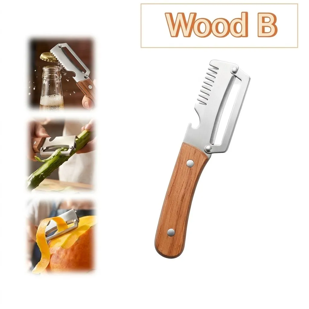 3-in-1 Stainless Steel Vegetable Peeler with Wood Handle, Scallion Shredder and Bottle Opener (Wood B-1PCS)