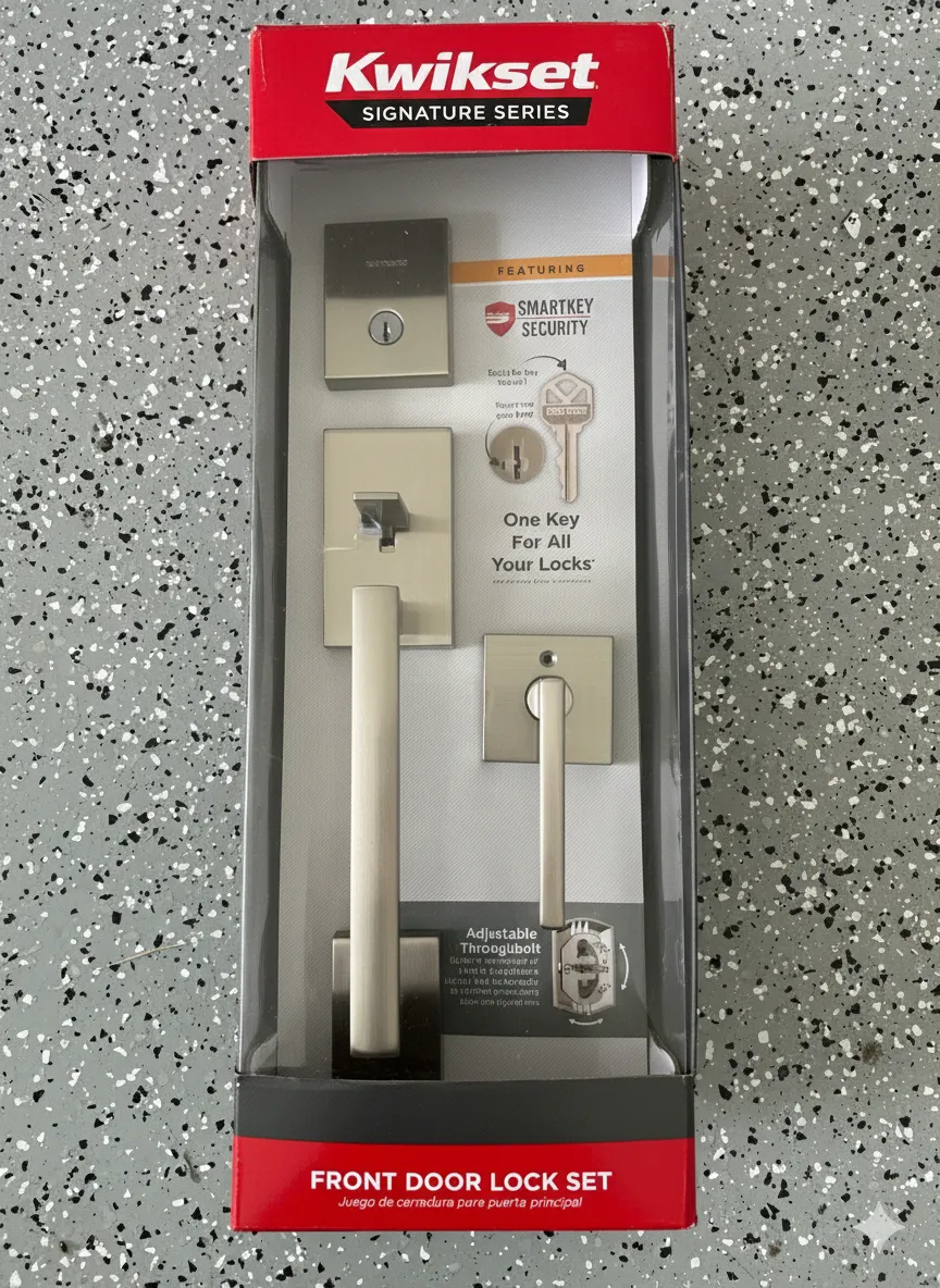 Kwikset San Clemente 818 Series Satin Nickel Steel SmartKey Door Handle Set with Deadbolt Lever