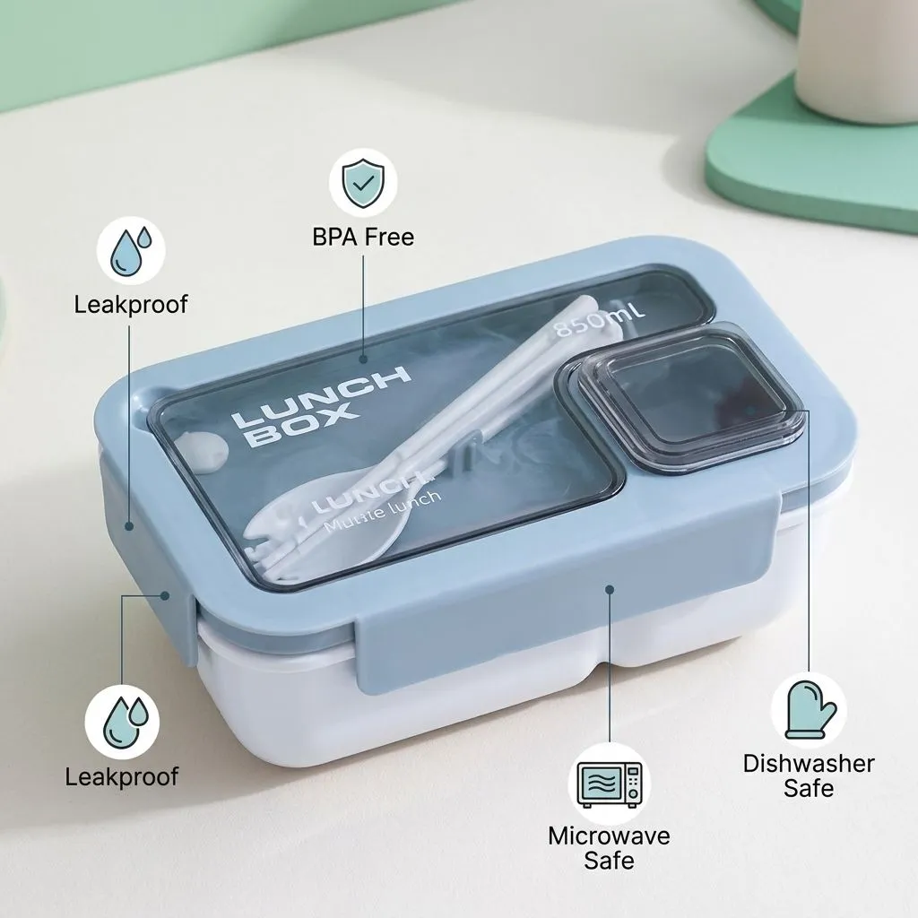 Portable Bento Lunch Box with Tableware, 850ML, Microwavable Leak-Proof Food Container for Kids and Adults