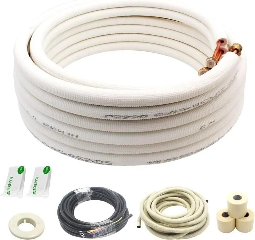 50ft Length Mini Split Line Set 1/4" 3/8" OD Copper Pipes Tubing and 3/8 White PE Thickened Insulated with Flared Nuts