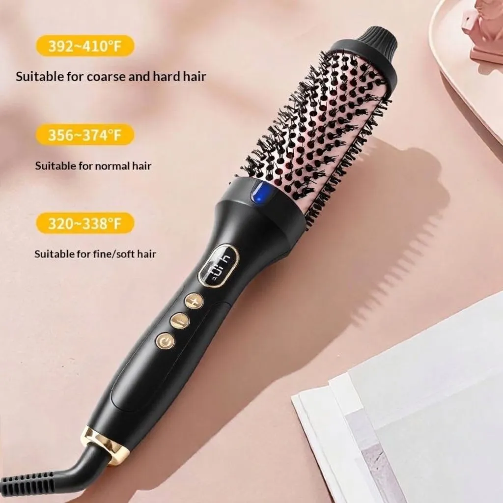 PLUKY Thermal Electric Heated Brush - Blowout Boost Hot Brush with Negative Ion Technology, Dual Voltage, 4 Heat Settings, Black