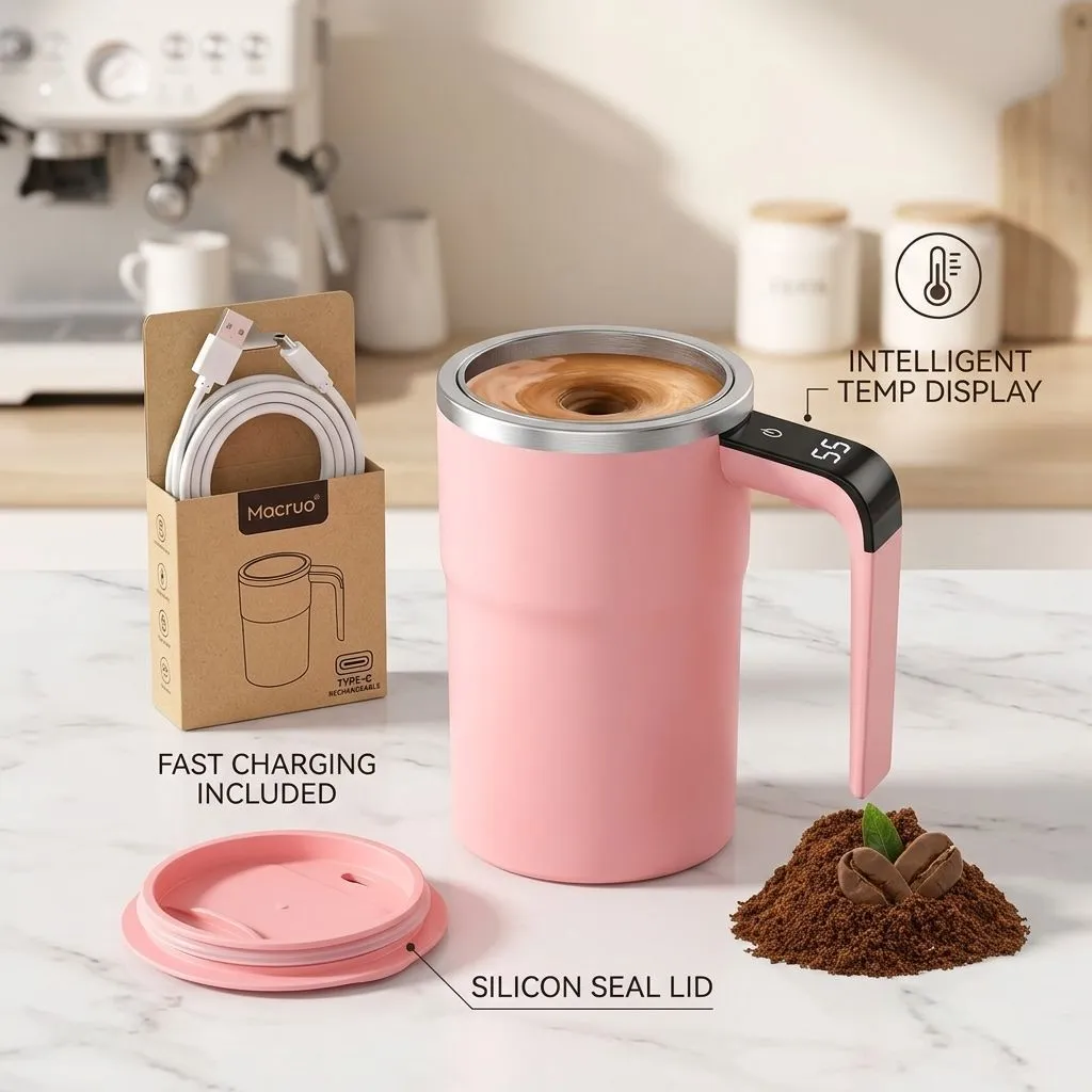 Automatic Self Stirring Mug - Rechargeable Portable Electric Coffee Mixer Cup, Stainless Steel, Black (e-Pink)
