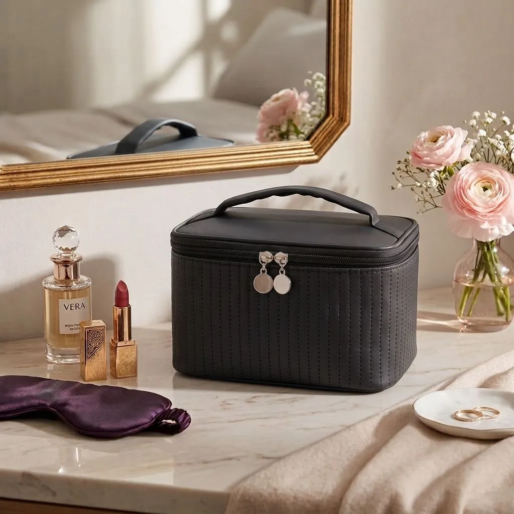 Women's Portable Travel Desktop Cosmetic Storage Bag - Beige (Black)