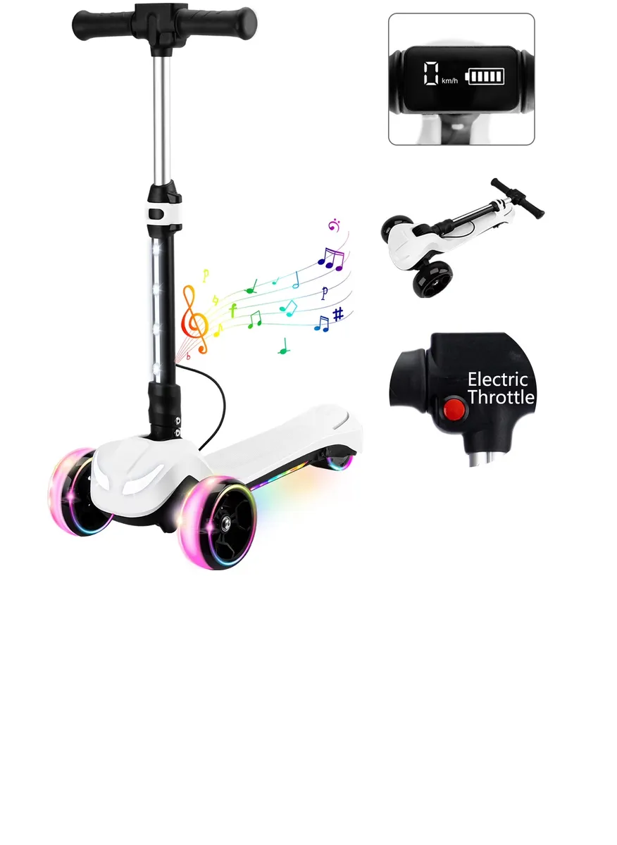 3 Wheels Electric Scooter for Kids w/LCD Screen, Bluetooth Music, Light-Up Stem Deck & Wheels, 3 Heights Adjustable, 5MPH Safe Speed, Foldable Kids Electric Scooter for Boys Girls Ages 3-12, White