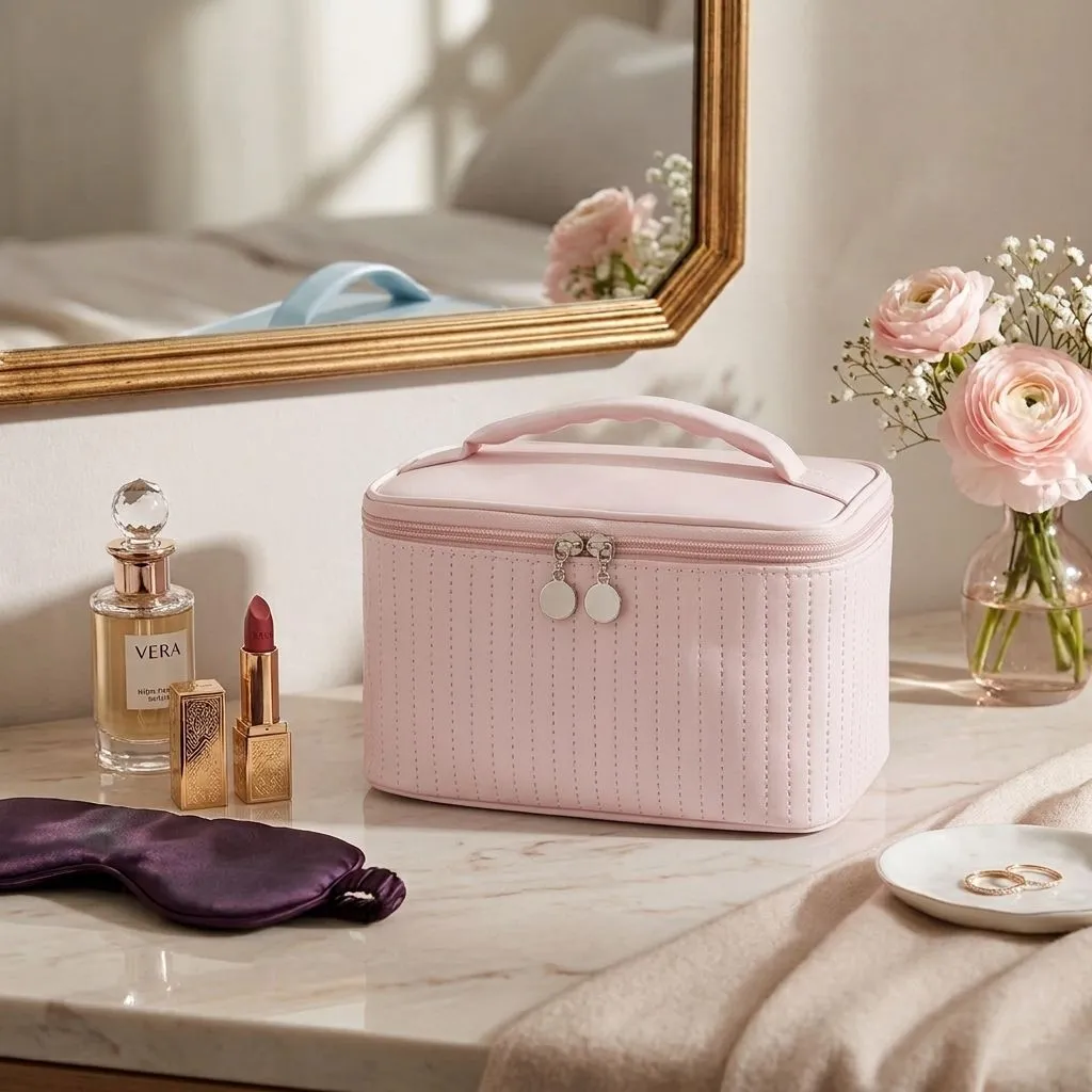 Women's Portable Travel Desktop Cosmetic Storage Bag - Beige (Pink)