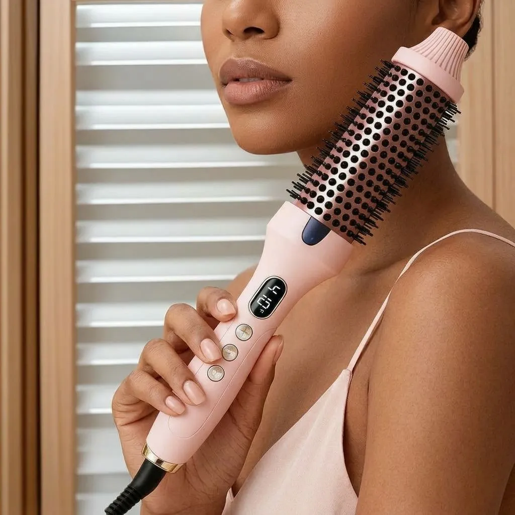 PLUKY Thermal Electric Heated Brush - Dual Voltage Blowout Styler with Negative Ion Technology, 4 Heat Settings