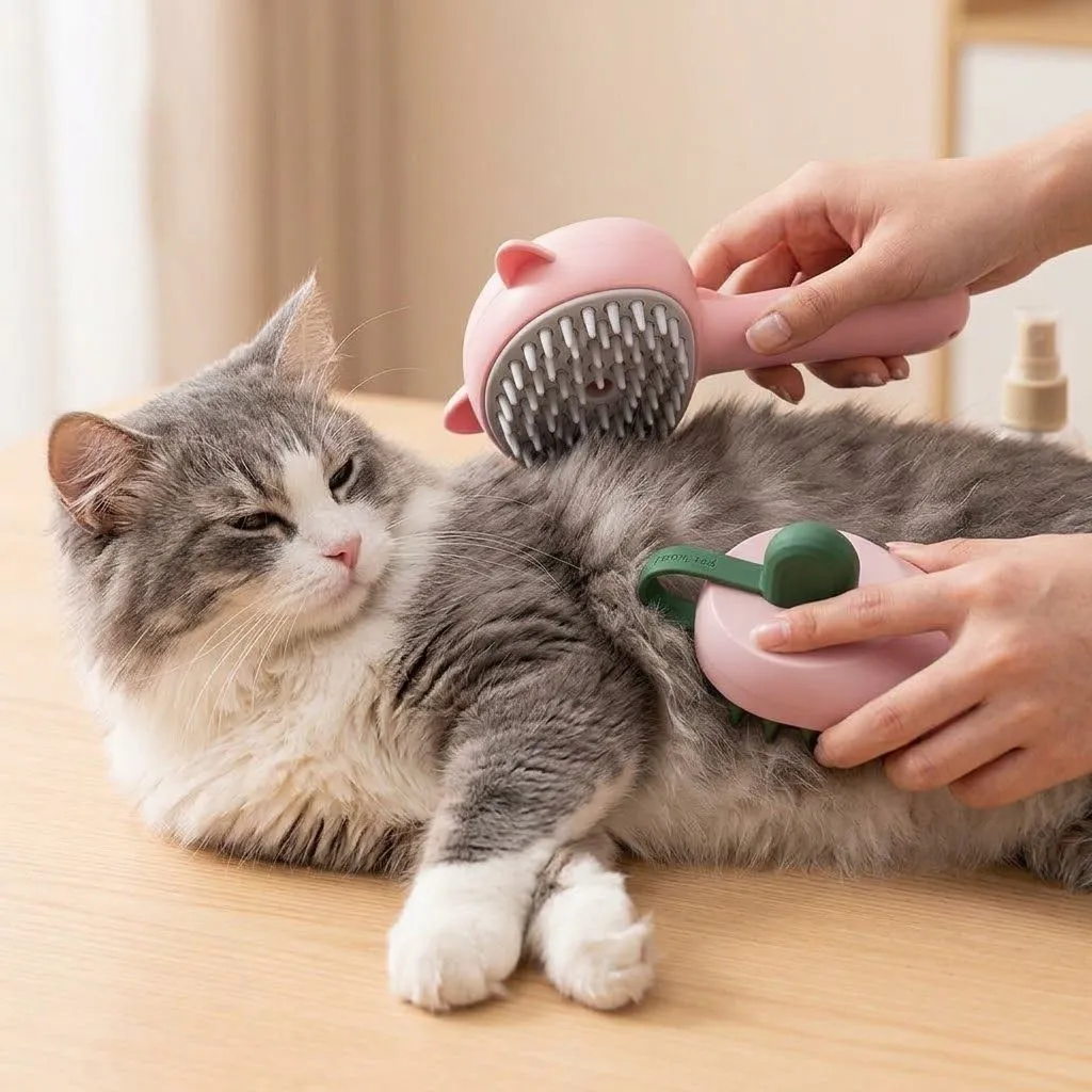 Rechargeable Steam Cat Brush - Self Cleaning Slicker Brush with Mist for Dogs and Cats (18x9.5x5cm / Pink)