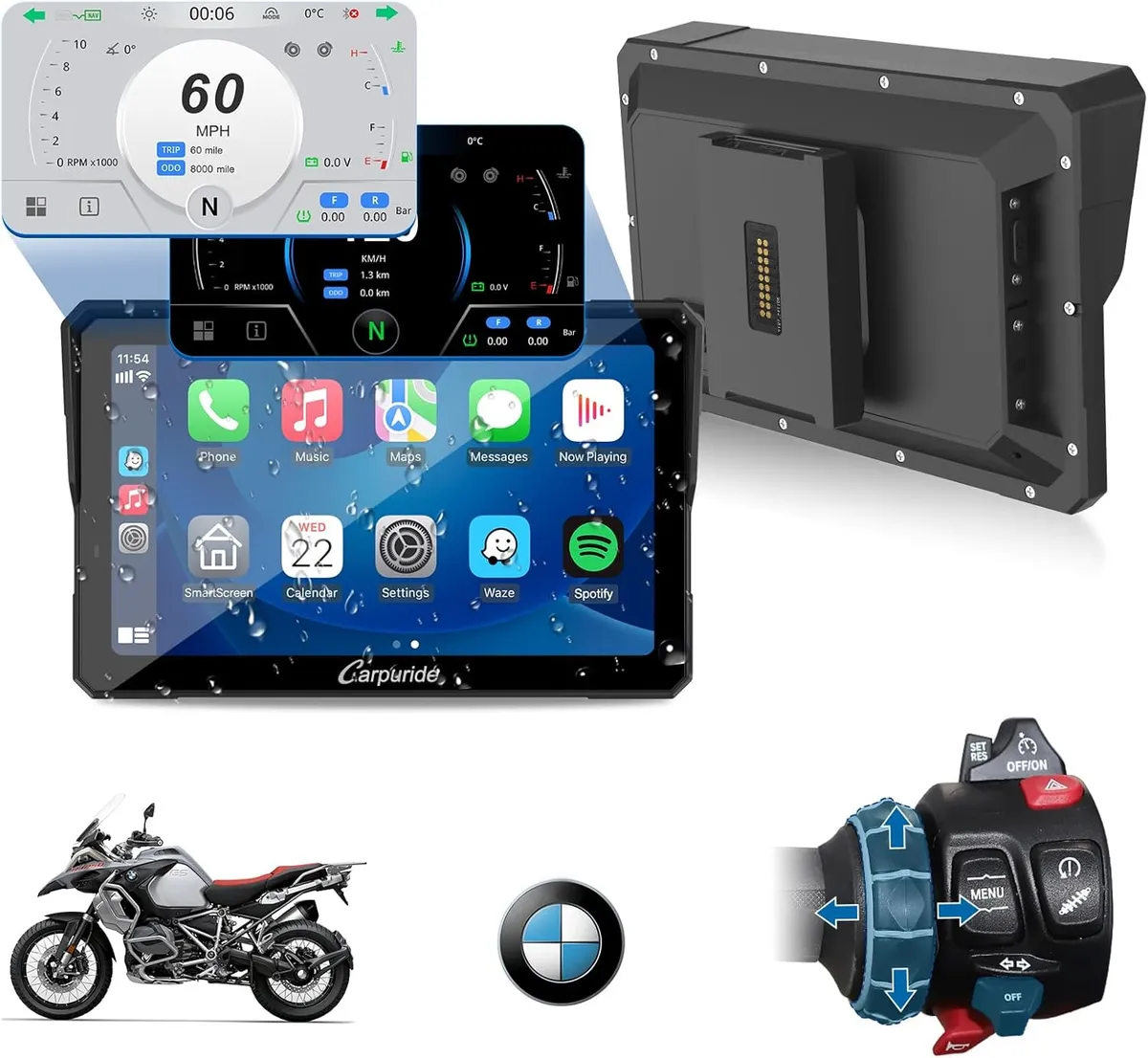 CARPURIDE W702BS PRO for BMW Motorcycle CarPlay & Android Auto Dual Bluetooth, 7" Waterproof GPS Navigation
