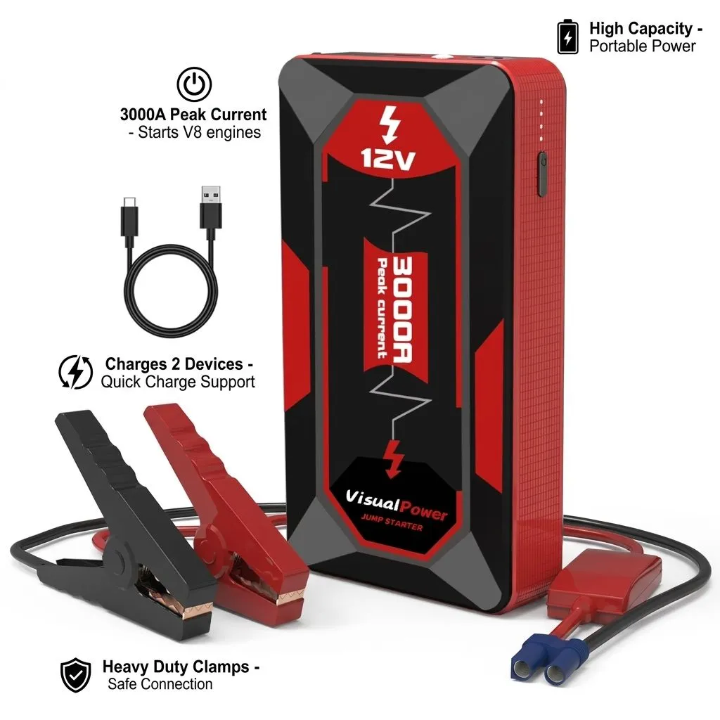 12V Car Jump Starter 3000A Peak Current Portable Battery Booster 10000mAh for Gasoline & Diesel Vehicles