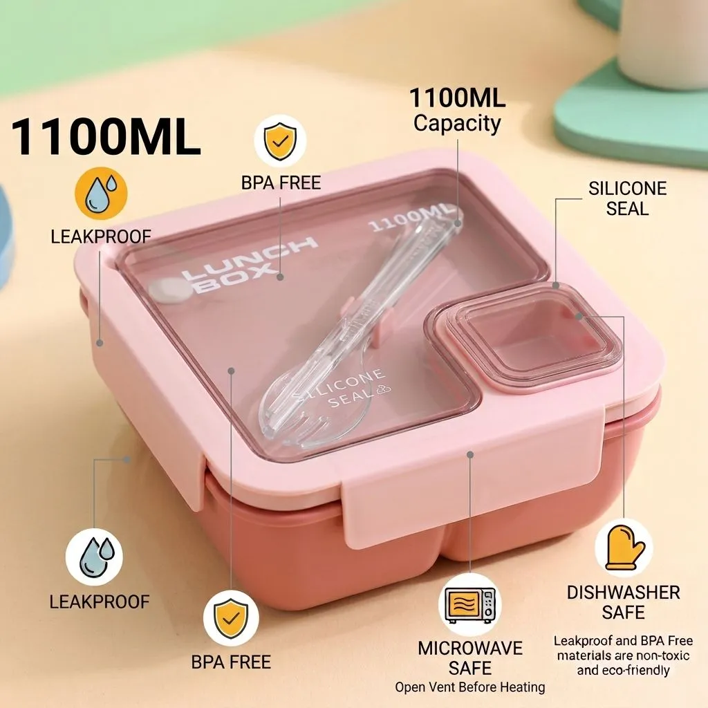 Portable Bento Lunch Box with Tableware, 850ML, Microwavable Leak-Proof Food Container for Kids and Adults