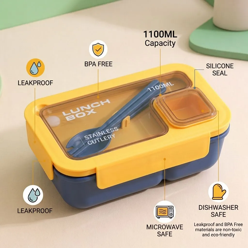 Portable Bento Lunch Box with Tableware, 850ML, Microwavable Leak-Proof Food Container for Kids and Adults