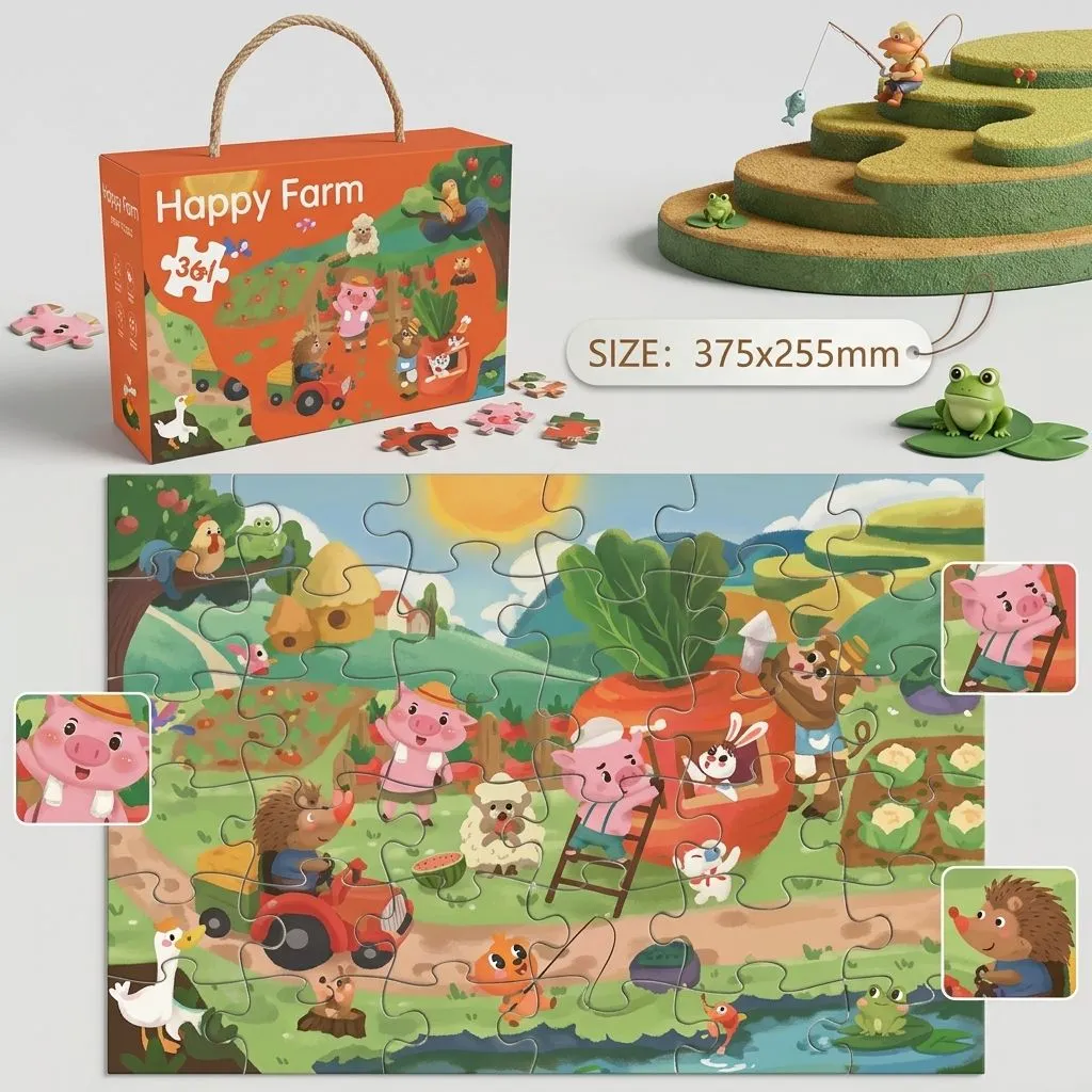 36-Piece Animal World Jigsaw Puzzle for Kids Ages 3+ - Toddler Learning Toy (Happy Farm)