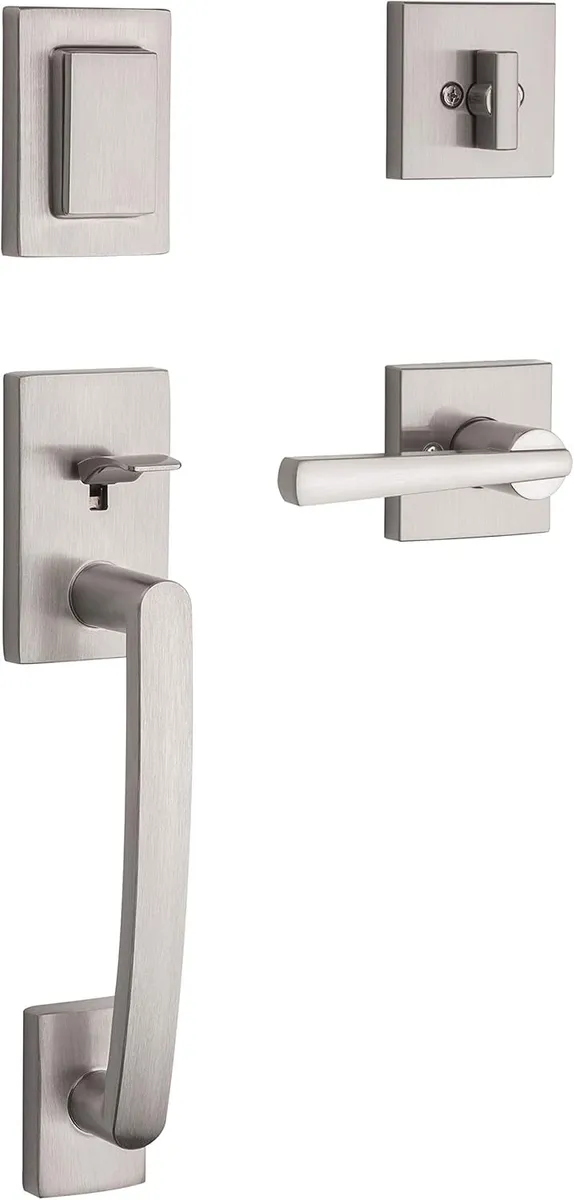 BALDWIN Prestige Spyglass Single Cylinder Satin Nickel Door Handleset with Square Spyglass Door Handle Feat SmartKey Security
