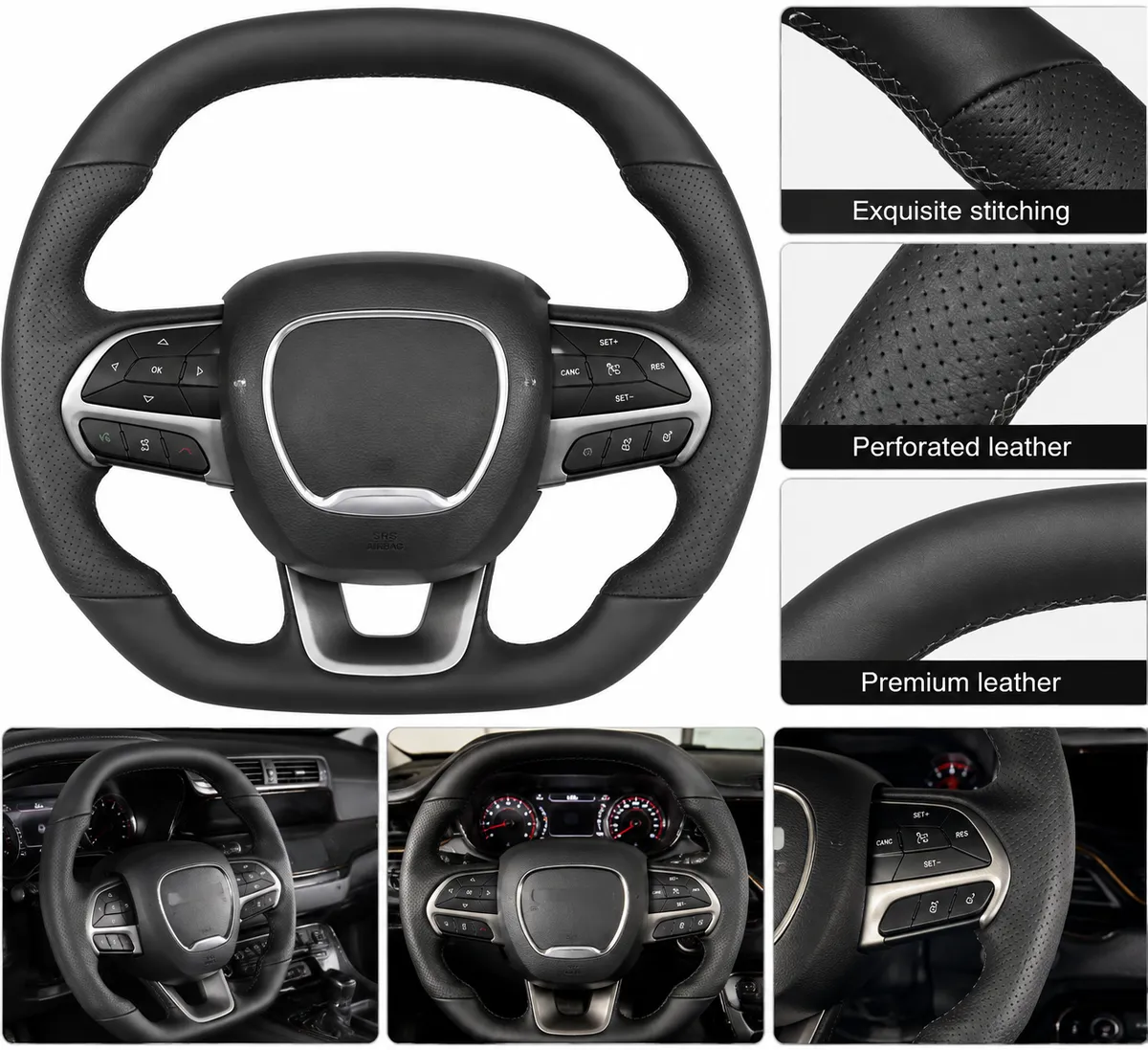 LOSCHEN Full Leather Steering Wheel for Dodge, D-Shaped Flat-Bottom Perforated Leather