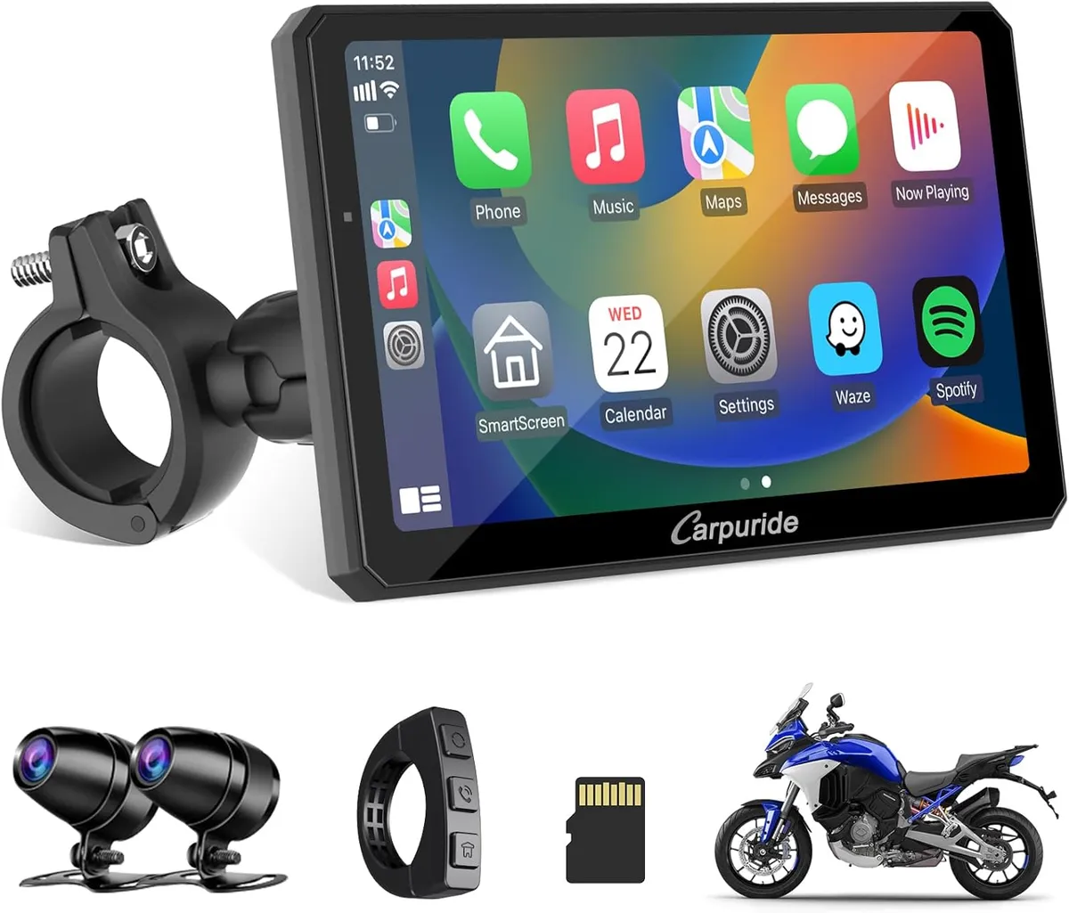 Carpuride W712D Motorcycle Carplay Screen with HD 1080 Dual Dash Cam