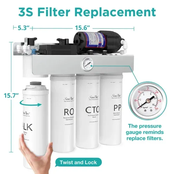 SimPure T1-400 UV Tankless Reverse Osmosis System 8 Stage Filtration Purification TDS Nearly 0 400GPD RO Under Sink Water Filter System 1.5:1 Pure to Drain