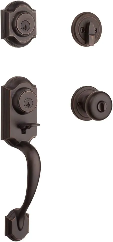 Kwikset Montara Front Door Lock Handle and Deadbolt Set, Entry Handleset Exterior with Interior Door Knob, Venetian Bronze, Pick Resistant SmartKey Rekey Deadbolt Security