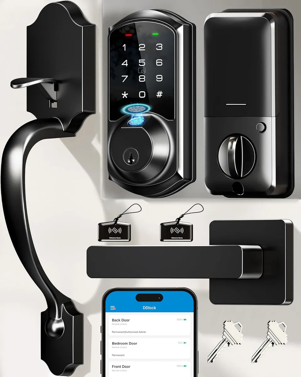 Veise VE07-H Fingerprint Smart Locks for Front Door with Handle Set, App Control, Keyless Entry Keypad Deadbolt, Digital Electronic Touchscreen, Easy Install, Auto Lock, Matte Black