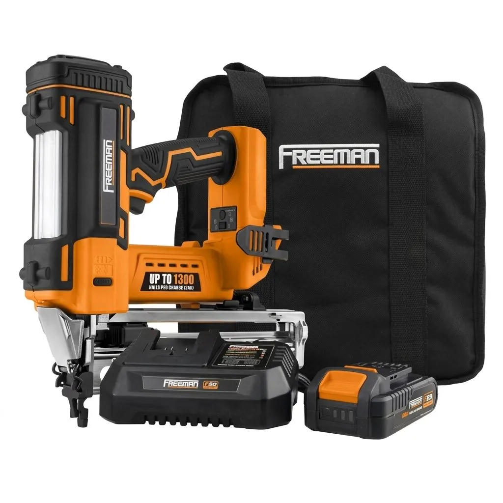 Freeman PE20VFN64 20 Volt Cordless 16-Gauge 2-1/2  Straight Finish Nailer Kit with Lithium Ion Battery  Charger  Bag  and Nails (200 Count) – 1300 Shots per Charge