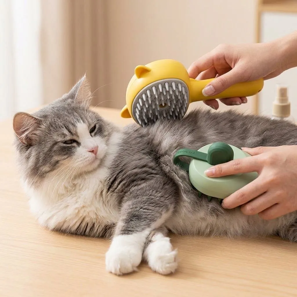 Rechargeable Steam Cat Brush - Self Cleaning Slicker Brush with Mist for Dogs and Cats (18x9.5x5cm / Yellow set)