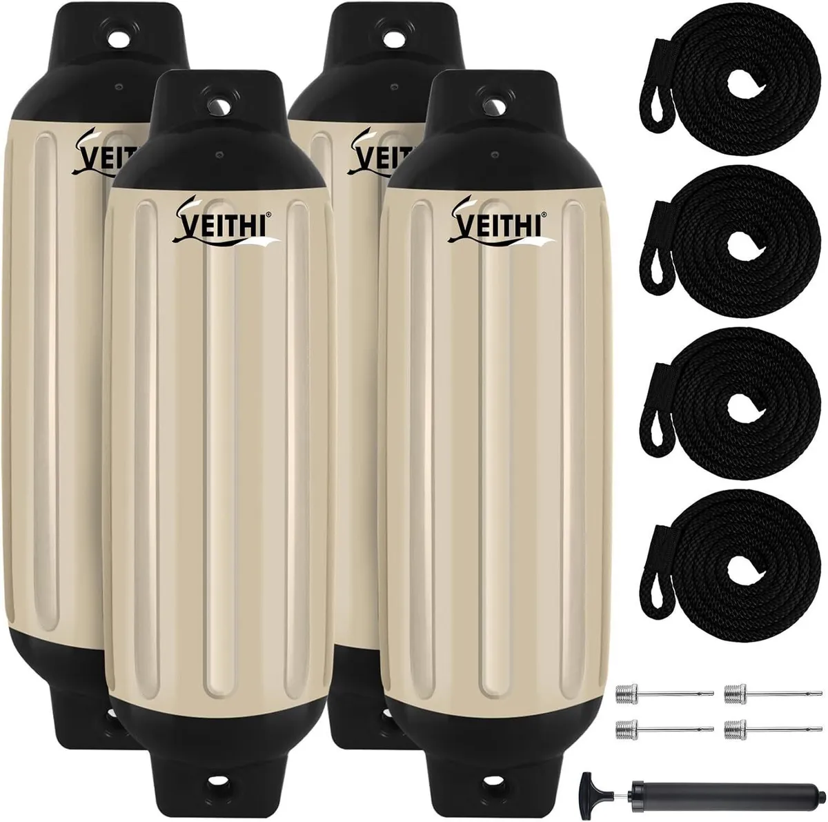 ORLANG 4.5in/5.5in/6.5in/8.5in/10in Boat Fenders, Boat Bumpers for Docking 4 Pack, Inflatable Ribbed Twin Eyes Vinyl Boat Bumpers Fenders with Air Pump,Ropes,Needles
