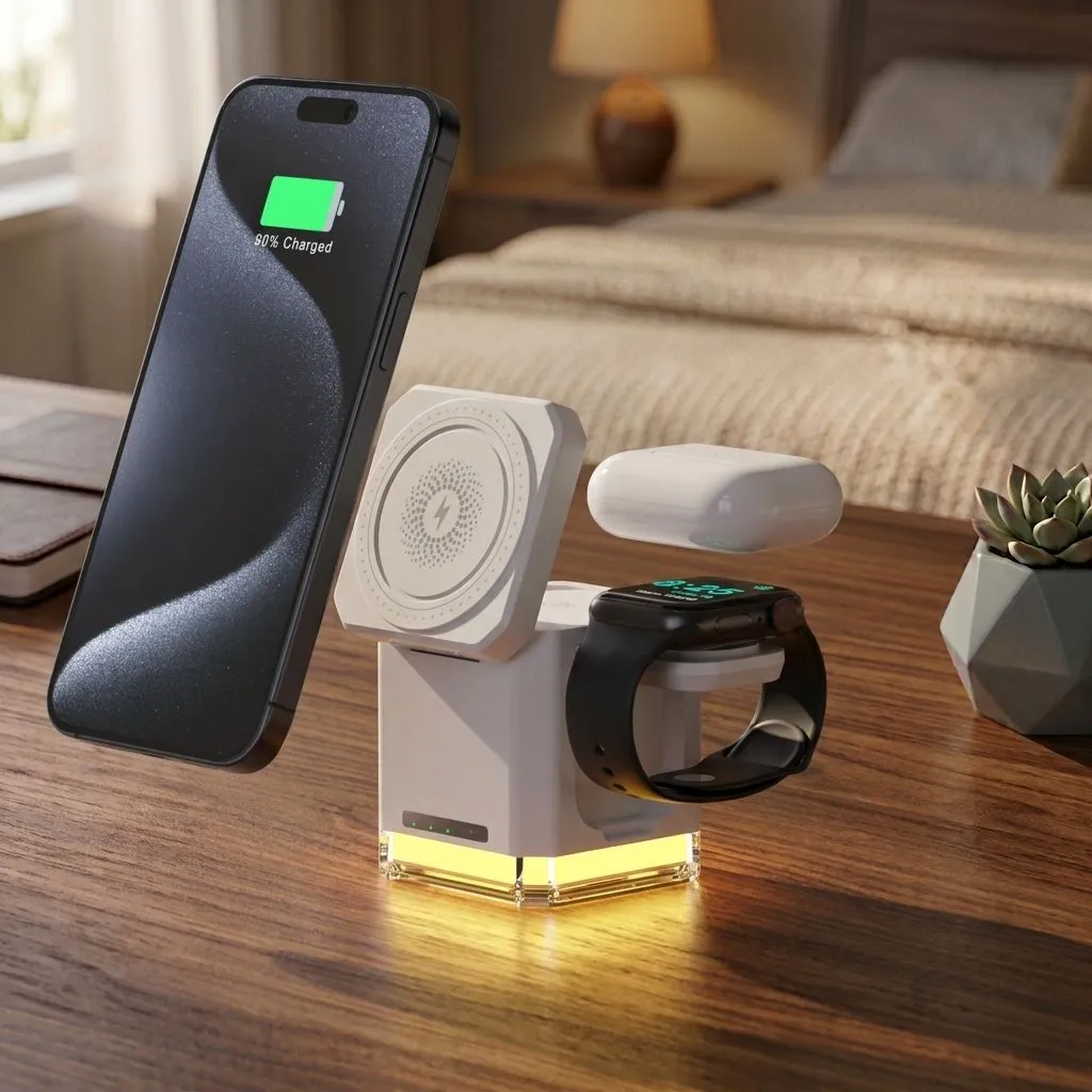 PLUKY Z28 Foldable 3-in-1 Wireless Charging Station - 15W Fast Charger for Phone, Watch, and Earphones (Z29 White)
