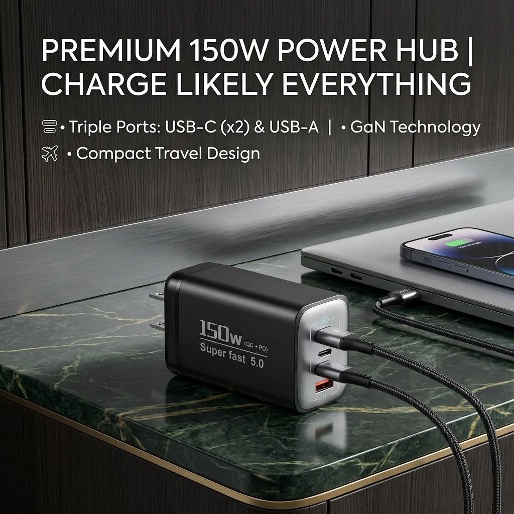 150W 1-Port USB Charger with QC3.0 and Dual USB-C PD, Fast Charging Travel Adapter