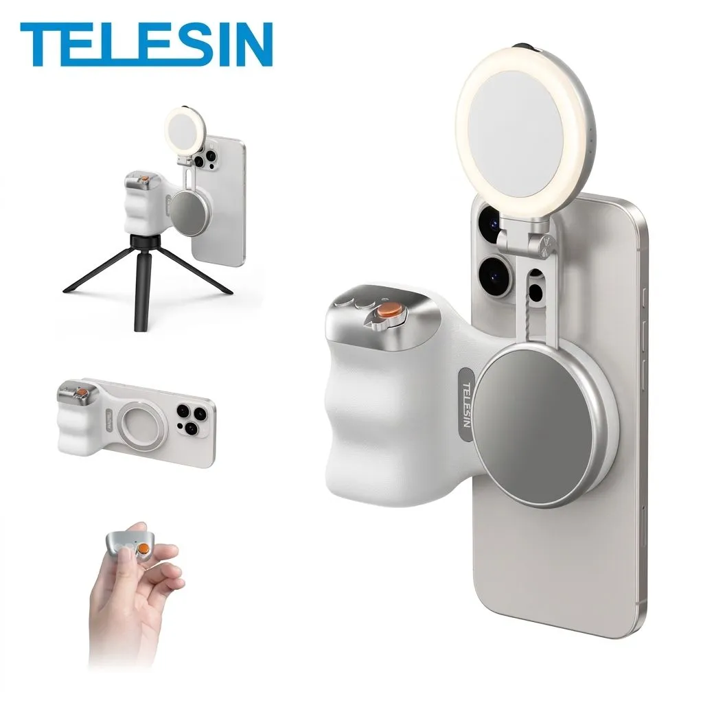 TELESIN Magnetic Phone Camera Grip with Fill Light - Smartphone Shooting Handle for iPhone and Android (Only Hand Grip)