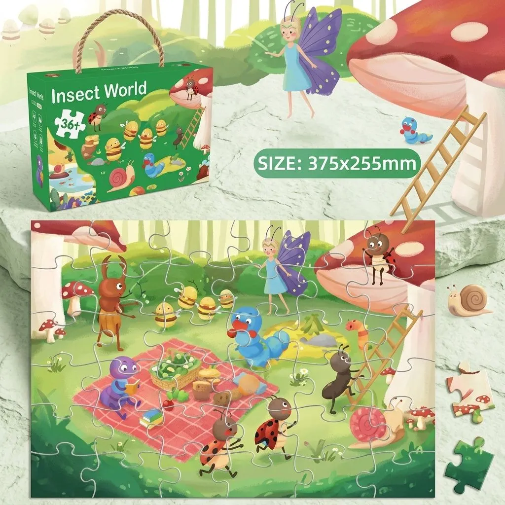 36-Piece Animal World Jigsaw Puzzle for Kids Ages 3+ - Toddler Learning Toy (Insect World)