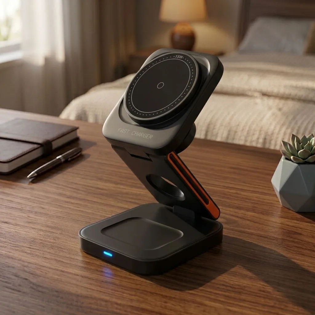 PLUKY Z28 Foldable 3-in-1 Wireless Charging Station - 15W Fast Charger for Phone, Watch, and Earphones (Z28 Black)