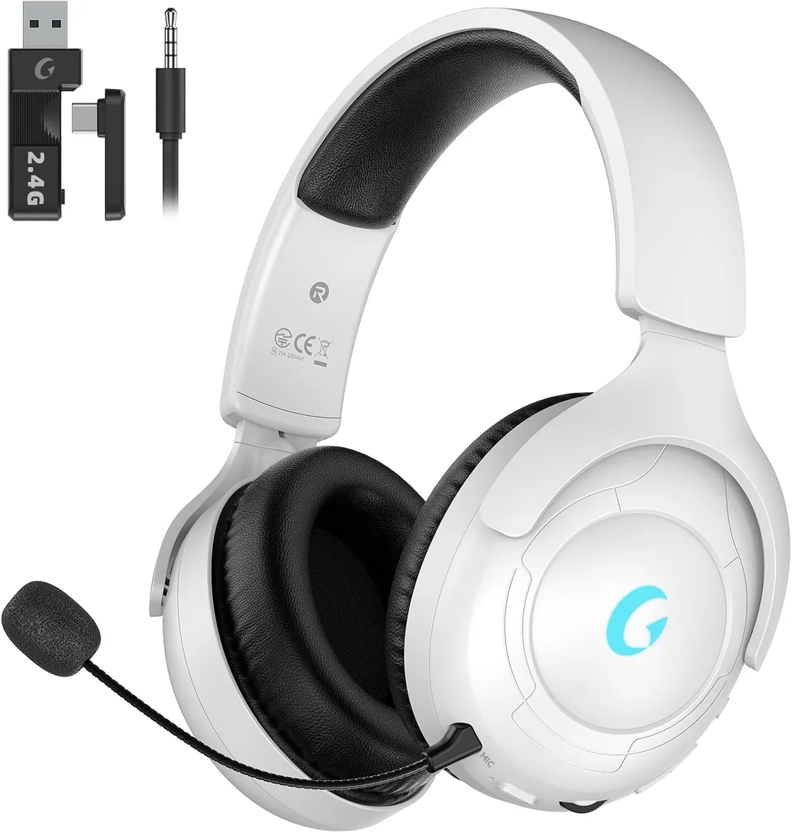 Rumoon Wireless Gaming Headset for PS5, 2.4GHz Gaming Headset with Mic, 45H Battery, Surround Sound, Noise Cancelling Over Ear Headphones Bluetooth 5.3, for Xbox Needs 3.5mm Cable - White