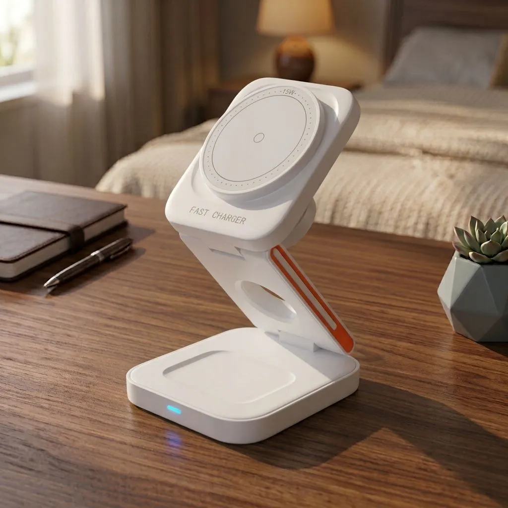 PLUKY Z28 Foldable 3-in-1 Wireless Charging Station - 15W Fast Charger for Phone, Watch, and Earphones (Z28 White)