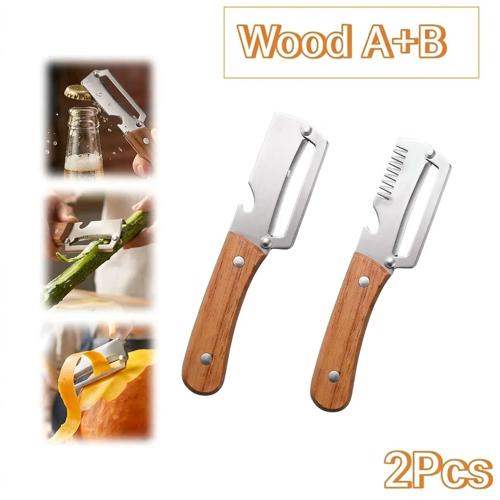 3-in-1 Stainless Steel Vegetable Peeler with Wood Handle, Scallion Shredder and Bottle Opener (Wood A B-2PCS)