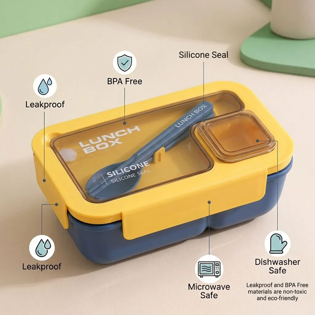Portable Bento Lunch Box with Tableware, 850ML, Microwavable Leak-Proof Food Container for Kids and Adults