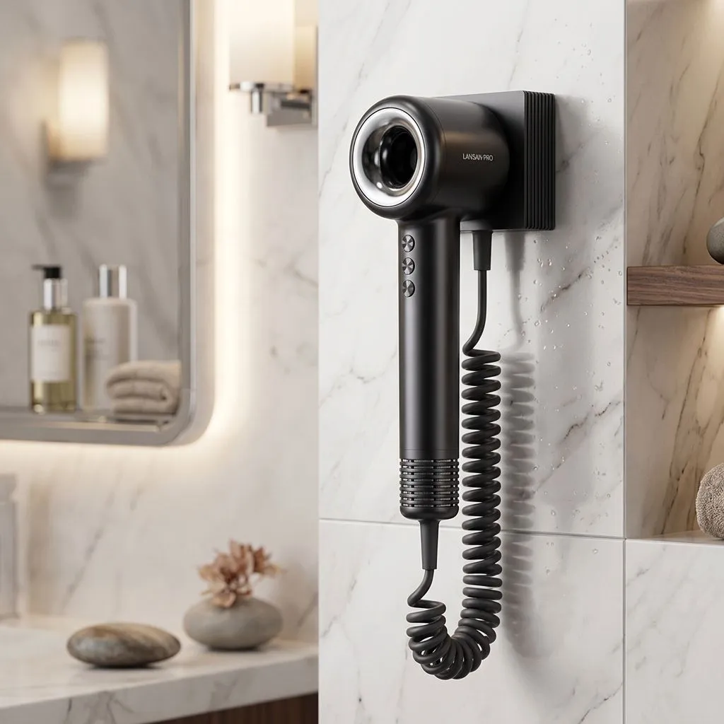 Wall Mounted Professional Hair Dryer with Spring Wire - High Speed Hot Air Brush, Grey, 110-120V
